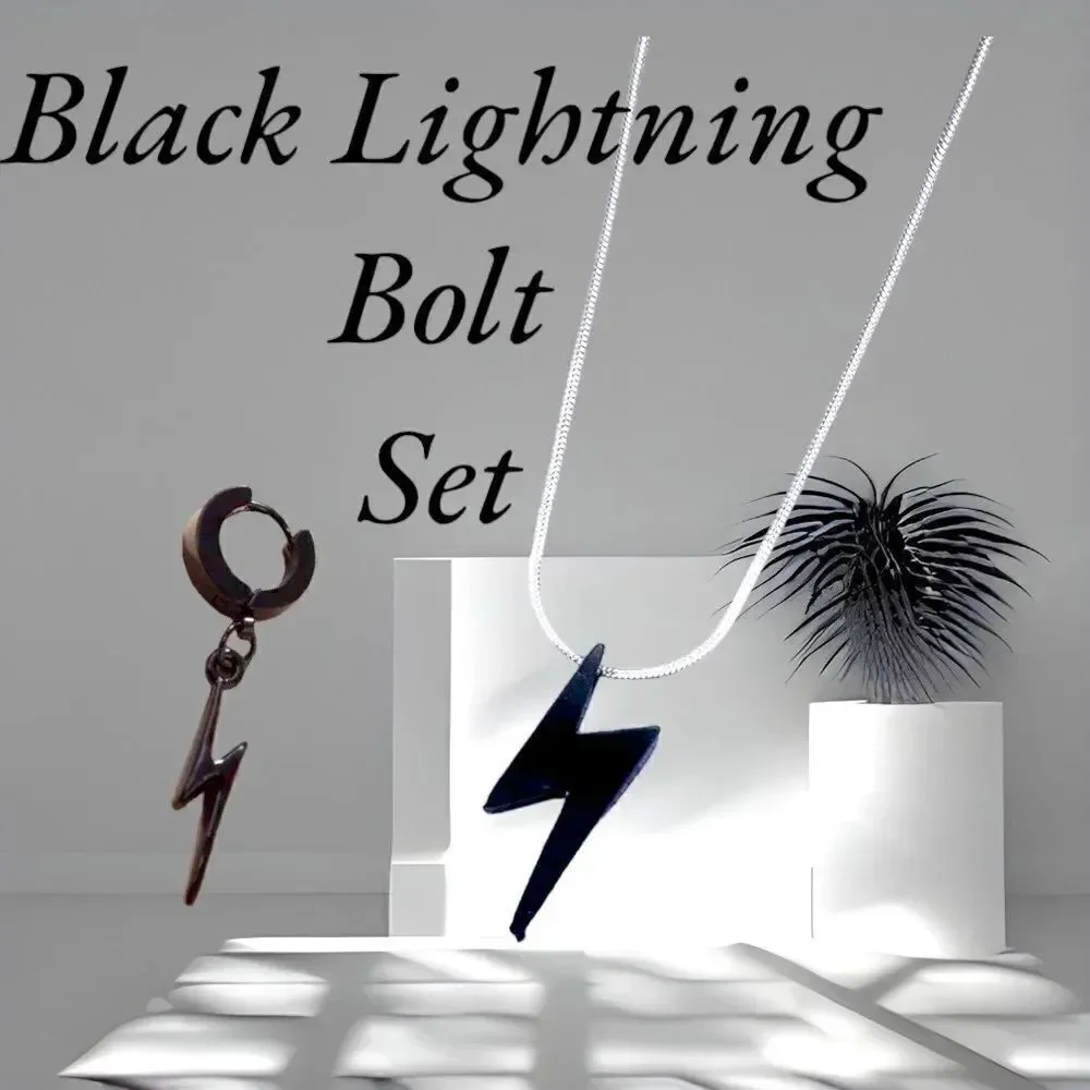 2-Piece Set l Men’s Black Lightening Bolt Necklace & Earring l Stainless Steel